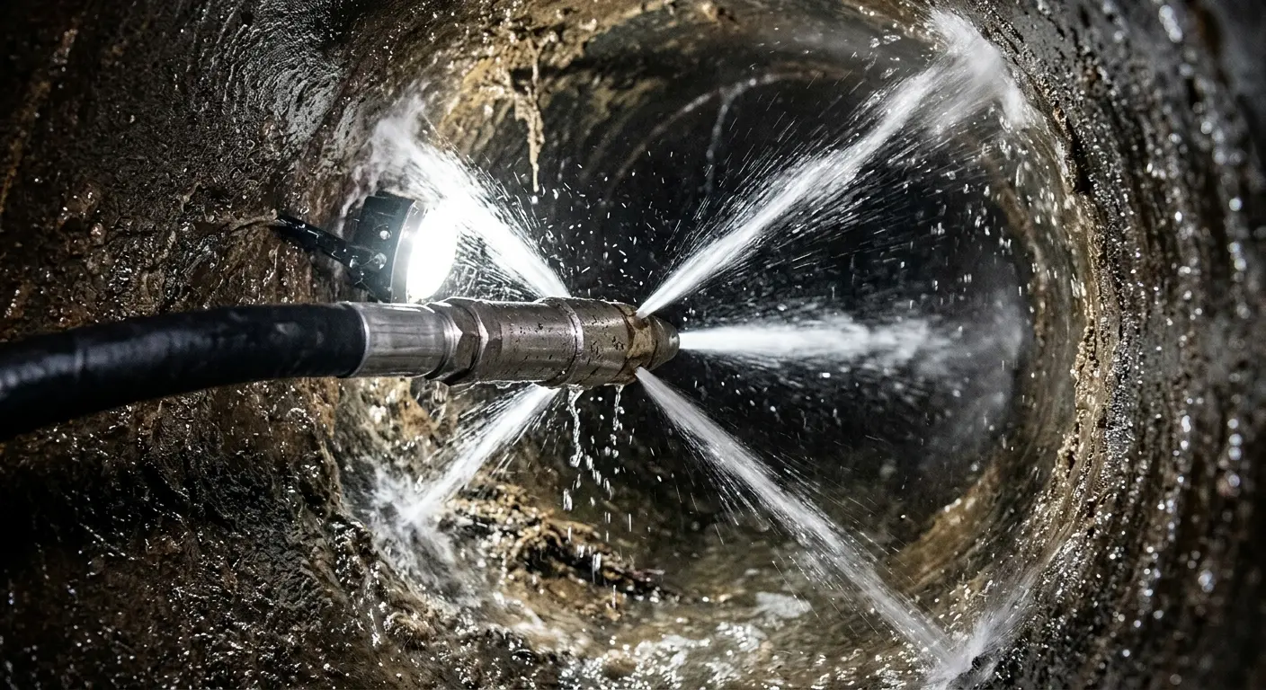 High-pressure hydro jetting nozzle cleaning sewer pipe for Sewer Cleanout in Bloomfield